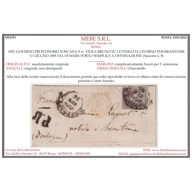 TOSCANA 1851-52 9 CRAZIE BRUNO VIOLACEO SU GRIGIO SU BUSTA CERT.  |...