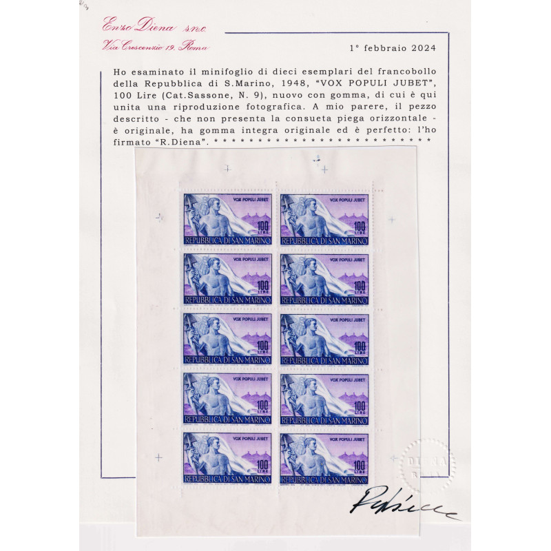 SAN MARINO 1948 MINIFOGLIO LAVORO N.9 SENZA PIEGA G.I MNH** CERT.  ...