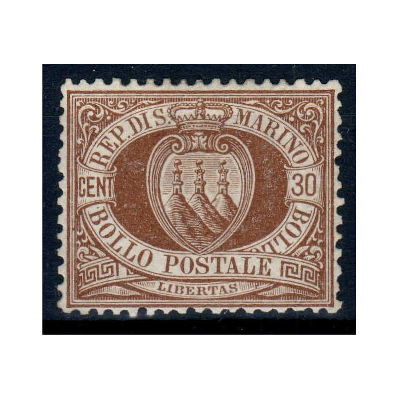 SAN MARINO 1877-90 CIFRA E STEMMA 30 CENTESIMI G.O MH* CERTIFICATO ...