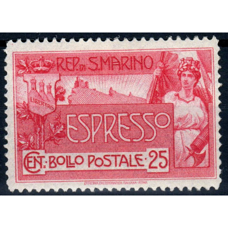 SAN MARINO 1907 ESPRESSO ALLEGORIA E VEDUTA 25 CENT G.I MNH** CENTR...