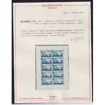 SAN MARINO 1948 MINIFOGLIO LAVORO N.9 G.I MNH** 2 CERT. NON PIEGATO...