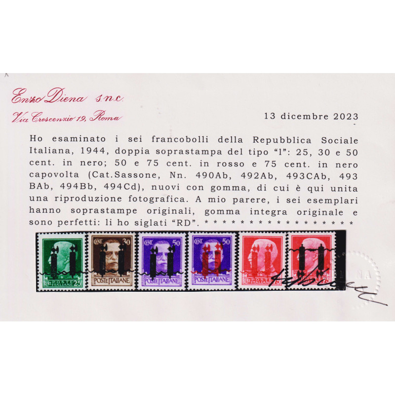 R.S.I. SOCIALE 1944 ORDINARI VARIETA' FASCIO 6 V. G.I MNH** CERT.  ...