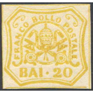 STATO PONTIFICIO 1858 20 baj. GIALLO n.11A NON EMESSO 3 CERT. GRAND...