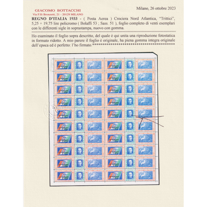 REGNO 1933 POSTA AEREA FOGLI TRITTICI CROCIERA BALBO G.I MNH** CERT...