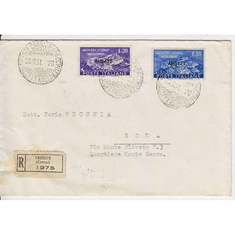 1951 TRIESTE "A" RICOSTRUZIONE ABBAZIA MONTECASSINO 2 V. S.19 SU BU...