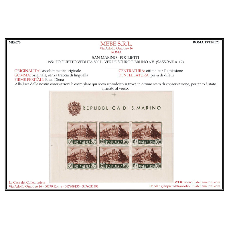 SAN MARINO 1951 FOGLIETTO VEDUTE N.12 G.I MNH** CERTIFICATO  | Fila...