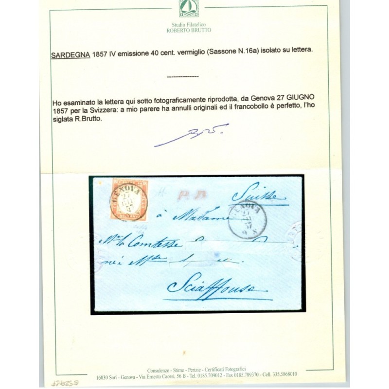 SARDEGNA 1855 40 CENTESIMI VERMIGLIO N.16a USATO SU BUSTA CERT.  | ...