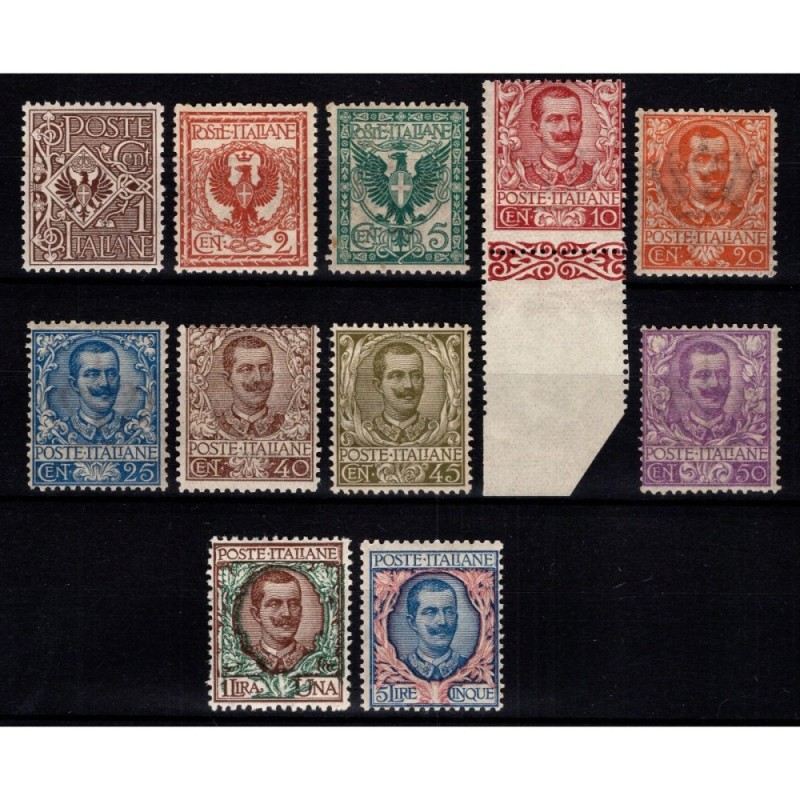 REGNO D'ITALIA 1901 FLOREALE SERIE COMPLETA 11 V. G.I MNH** CERT.  ...