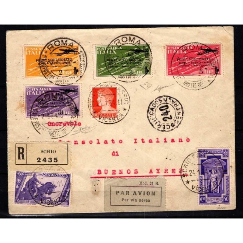 REGNO D'ITALIA 1934 P/A VOLO ROMA BUENOS AIRES 4 V. SU BUSTA CERT. ...