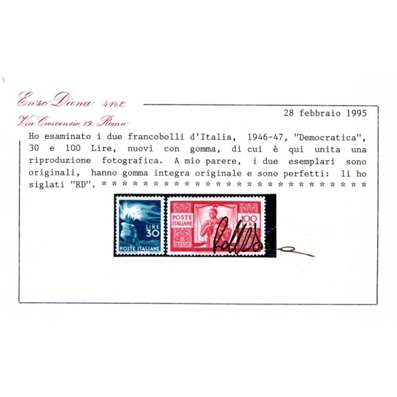 REPUBBLICA 1945-48 DEMOCRATICA 23 V. G.I MNH** CERT.  | Filatelia M...