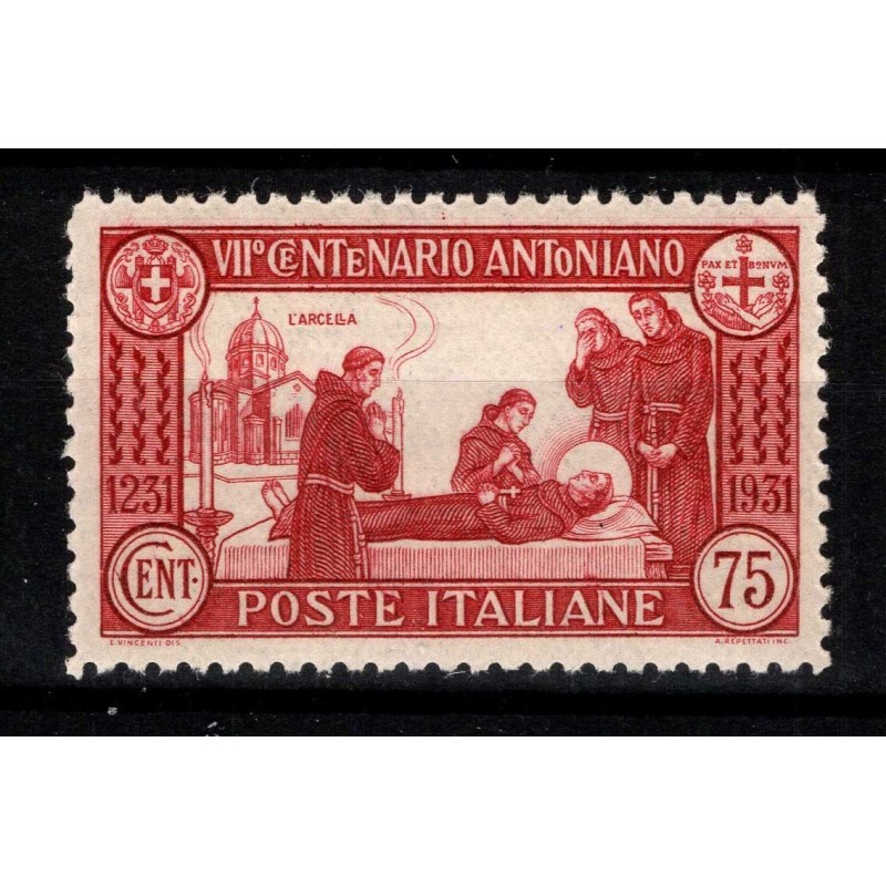 REGNO D'ITALIA 1931 MORTE S. ANTONIO 75 CENT. DENT.12 G.I MNH** CEN...