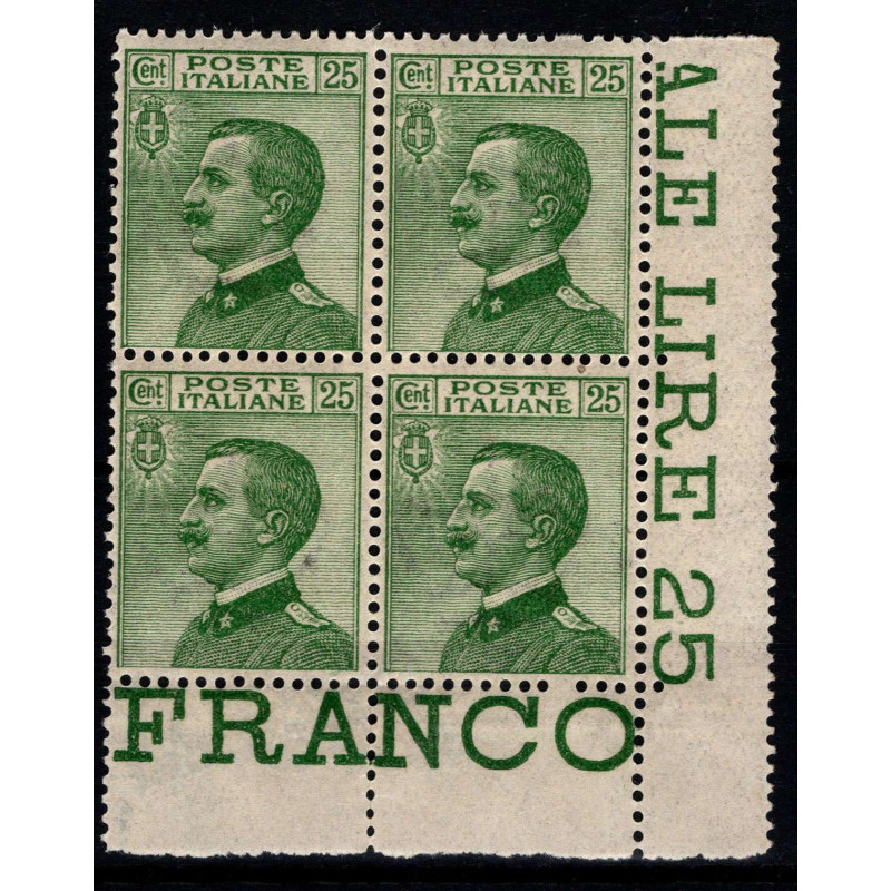 1927 REGNO MICHETTI 25 c. VERDE n.219 IN QUARTINA ANGOLARE G.I. MNH...