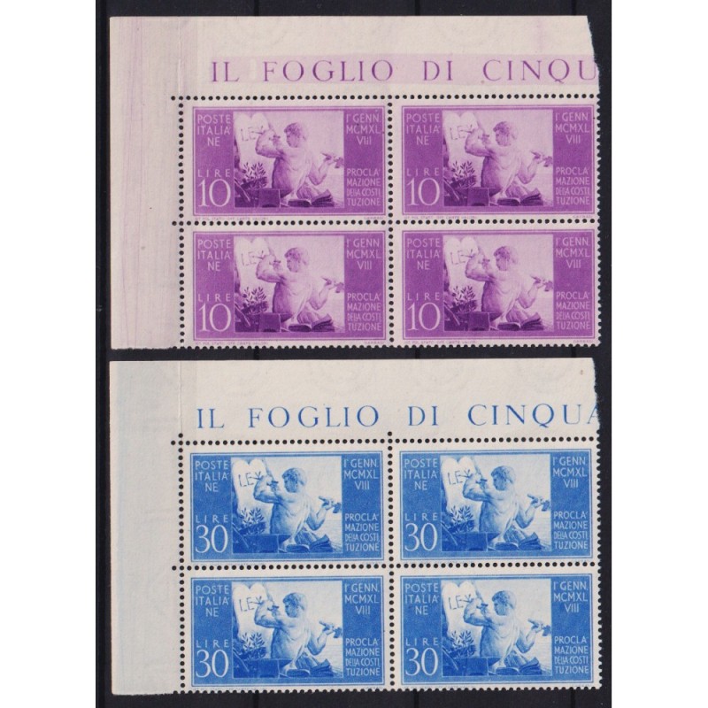 REPUBBLICA 1948 QUARTINE COSTITUZIONE 2 V. G.I MNH**  | Filatelia M...