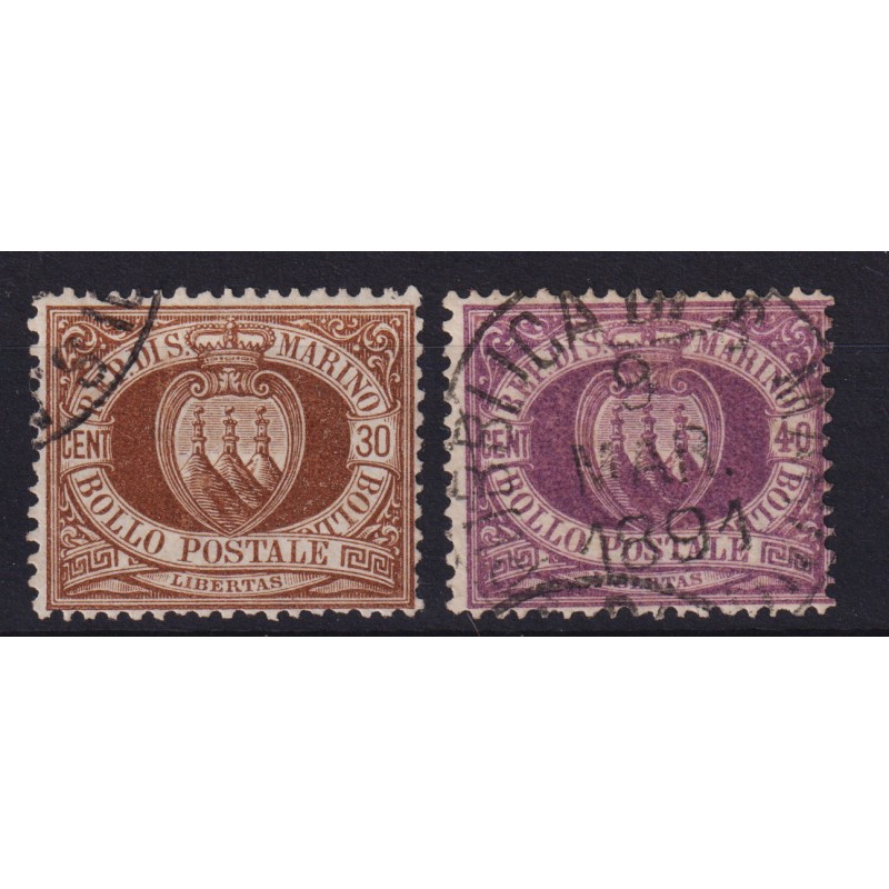 SAN MARINO 1877-90 STEMMA 30 CENT. E 40 CENT. N.6-7 USATI  | Filate...