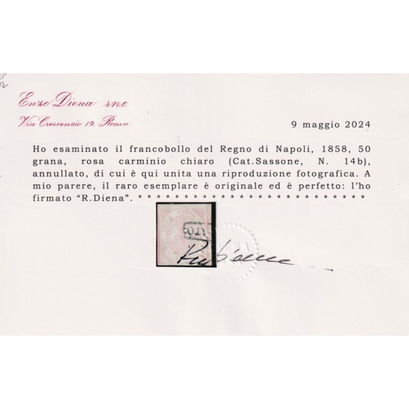 NAPOLI 1858 50 GRANA ROSA CARMINIO CHIARO N.14b USATO CERT. AMPI MA...