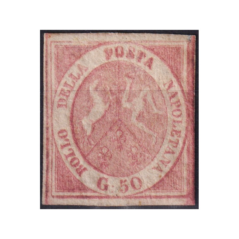 NAPOLI 1858 50 GRANA ROSA LILLACEO N.14a STAMPA SMOSSA G.O MLH* 4 C...