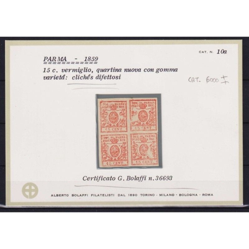 PARMA 1857-59 QUARTINA 15 C. VERMIGLIO N.9 CON VARIETA' G.I MNH** C...