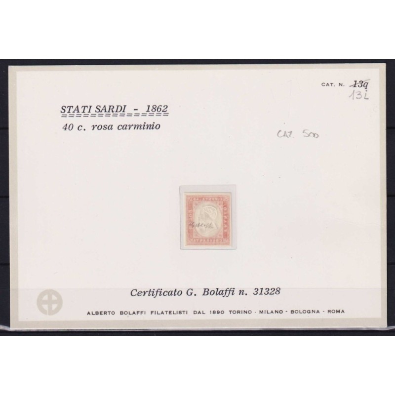 SARDEGNA 1862 40 CENTESIMI ROSA CARMINIO N.16E G.I MNH** CERT. BOLA...