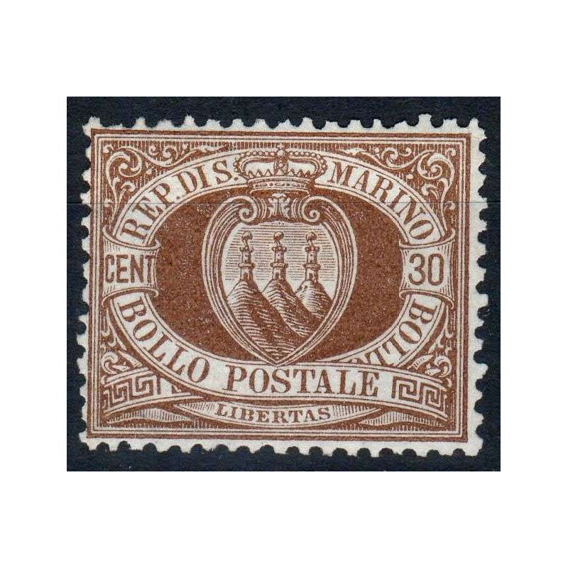 SAN MARINO 1877-90 CIFRA O STEMMA 30 CENTESIMI G.O MLH* CERTIFICATO...