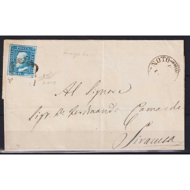 SICILIA 1859 2 GRANA AZZURRO I TAV. N.6 RITOCCO N.79 SU BUSTA CERT....