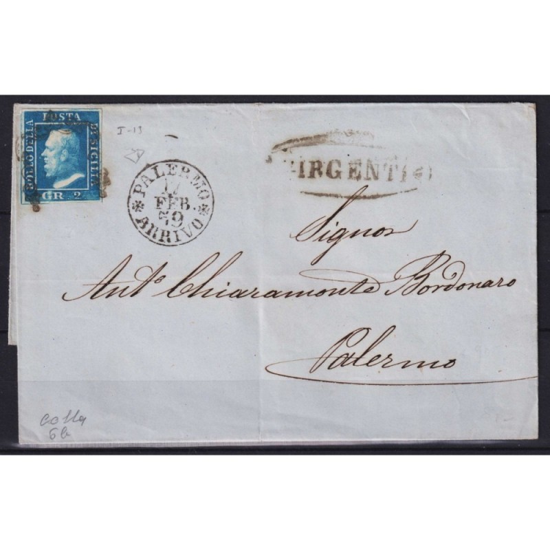 SICILIA 1859 2 GRANA COBALTO I TAV. N.6b SU BUSTA BEN MARGINATO CER...