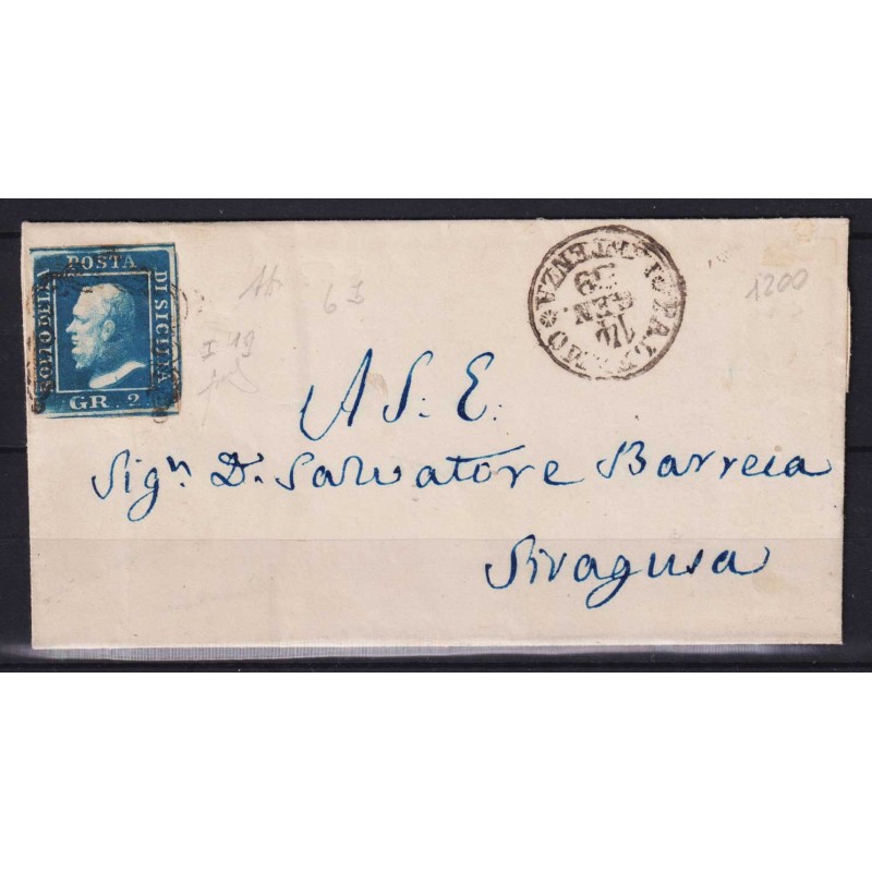 SICILIA 1859 2 GRANA COBALTO I TAV. N.6b SU BUSTA BEN MARGINATO SIG...