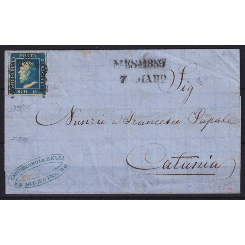 SICILIA 1859 2 GRANA COBALTO SCURO I TAV. N.6c RITOCCO N.79 SU BUST...