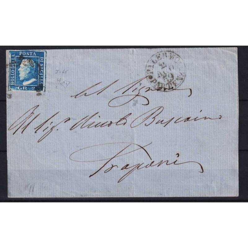 SICILIA 1859 2 GR. AZZURRO VIVO I TAV. N.6f SU BUSTA BEN MARGINATO ...