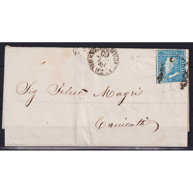 SICILIA 1859 2 GRANA AZZURRO II TAV. N.7 SU BUSTA BEN MARGINATO SIG...