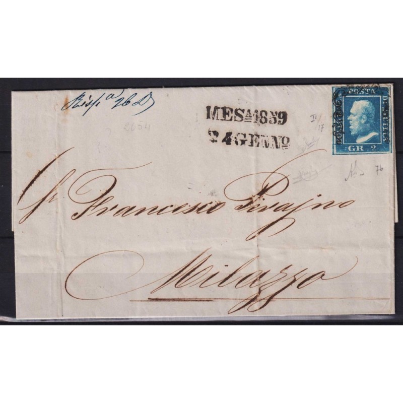 SICILIA 1859 2 GRANA COBALTO II TAV. N.7b SU BUSTA BEN MARGINATO SI...