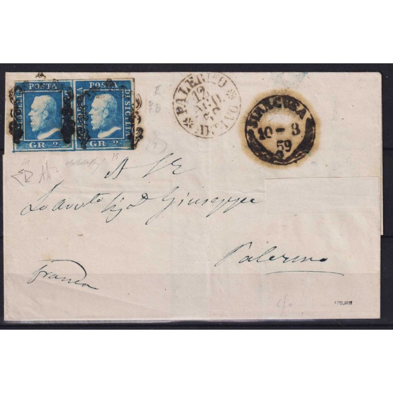 SICILIA 1859 COPPIA 2 GRANA COBALTO II TAV. N.7b SU BUSTA BEN MARGI...