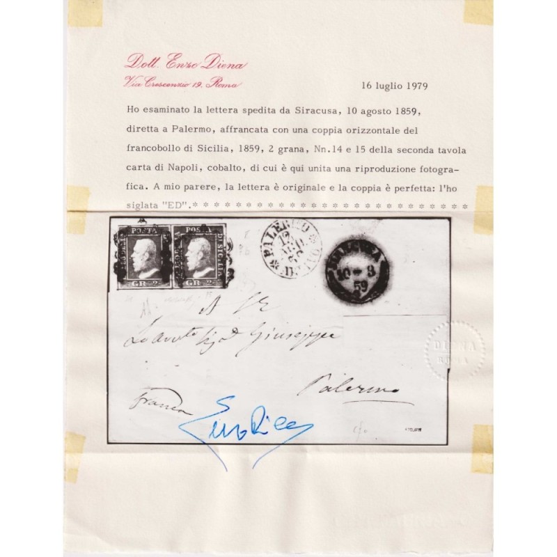 SICILIA 1859 COPPIA 2 GRANA COBALTO II TAV. N.7b SU BUSTA BEN MARGI...