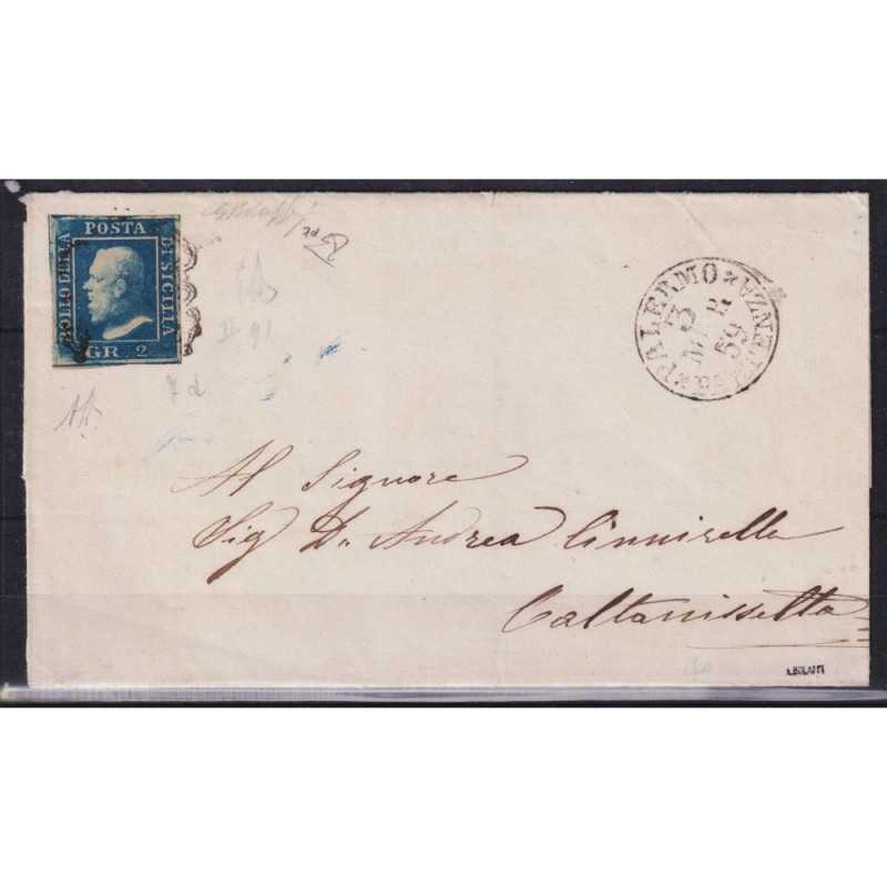 SICILIA 1859 2 GRANA AZZURRO OLTREMARE II TAV. N.7d SU BUSTA CERT. ...