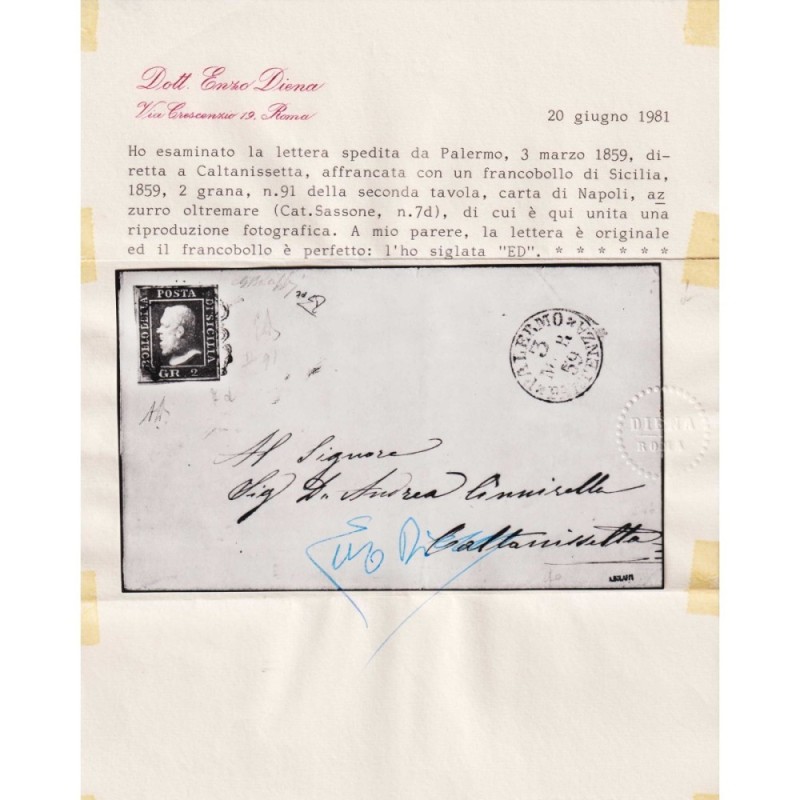 SICILIA 1859 2 GRANA AZZURRO OLTREMARE II TAV. N.7d SU BUSTA CERT. ...