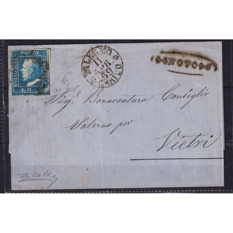 SICILIA 1859 2 GRANA AZZURRO SMORTO II TAV. N.7e SU BUSTA BEN MARGI...