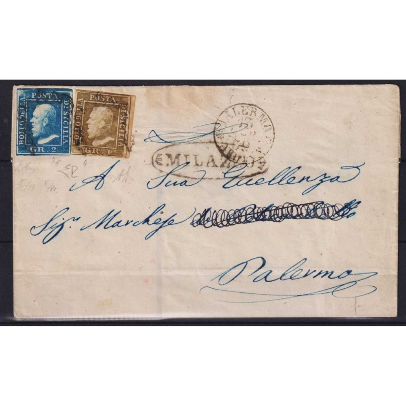 SICILIA 1859 2 GR. AZZURRO V. + 1 GR. BRUNO OLIVA CH. N.7f 4c SU BU...