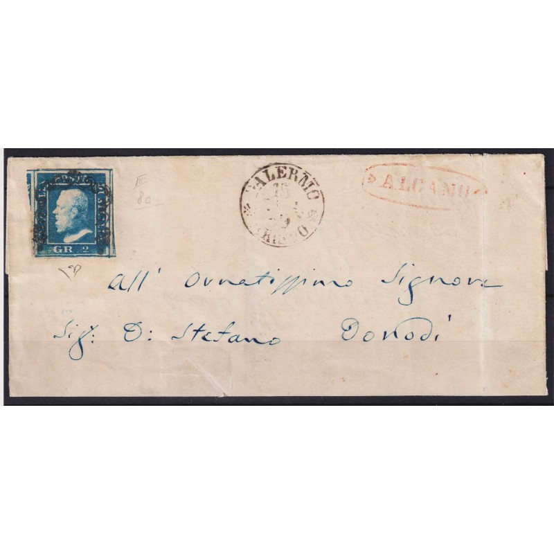 SICILIA 1859 2 GRANA AZZURRO VIVO III TAV. N.8c SU BUSTA CERT. MARG...