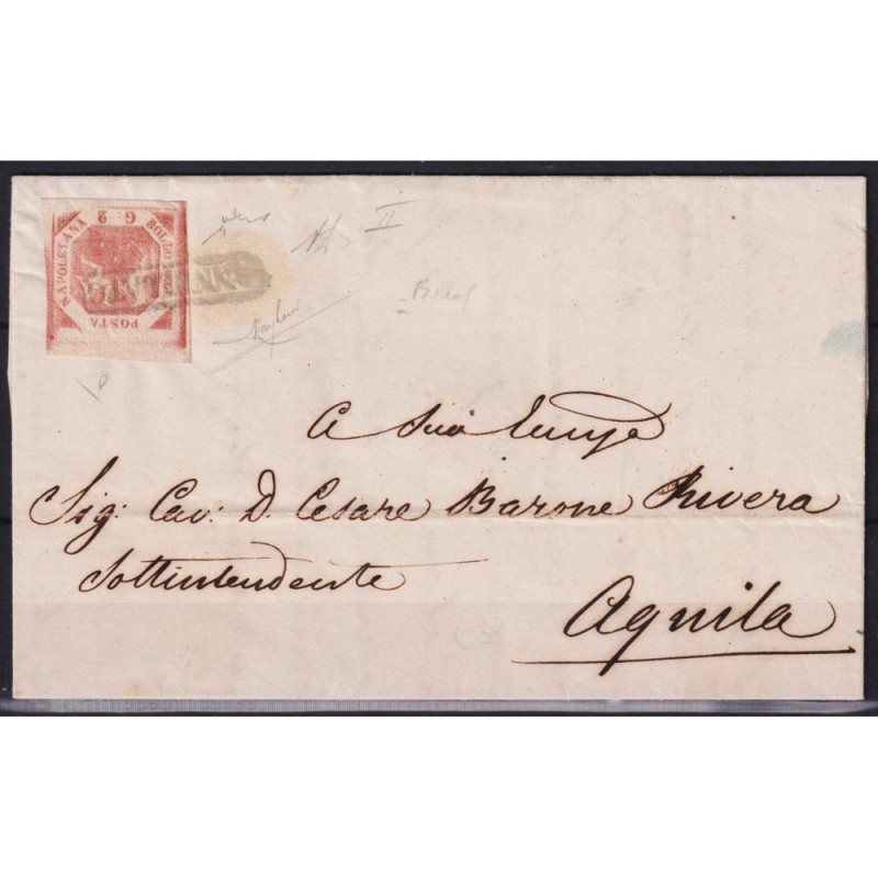 NAPOLI 1858 2 GRANA VARIETA' DI INCISIONE N.6g US. SU BUSTA 2 CERT....