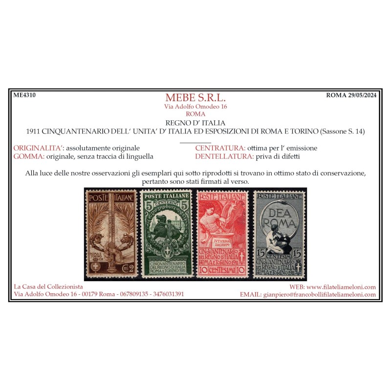 REGNO D'ITALIA 1911 CINQUANTENARIO UNITA' D'ITALIA 4 V. G.I MNH** C...