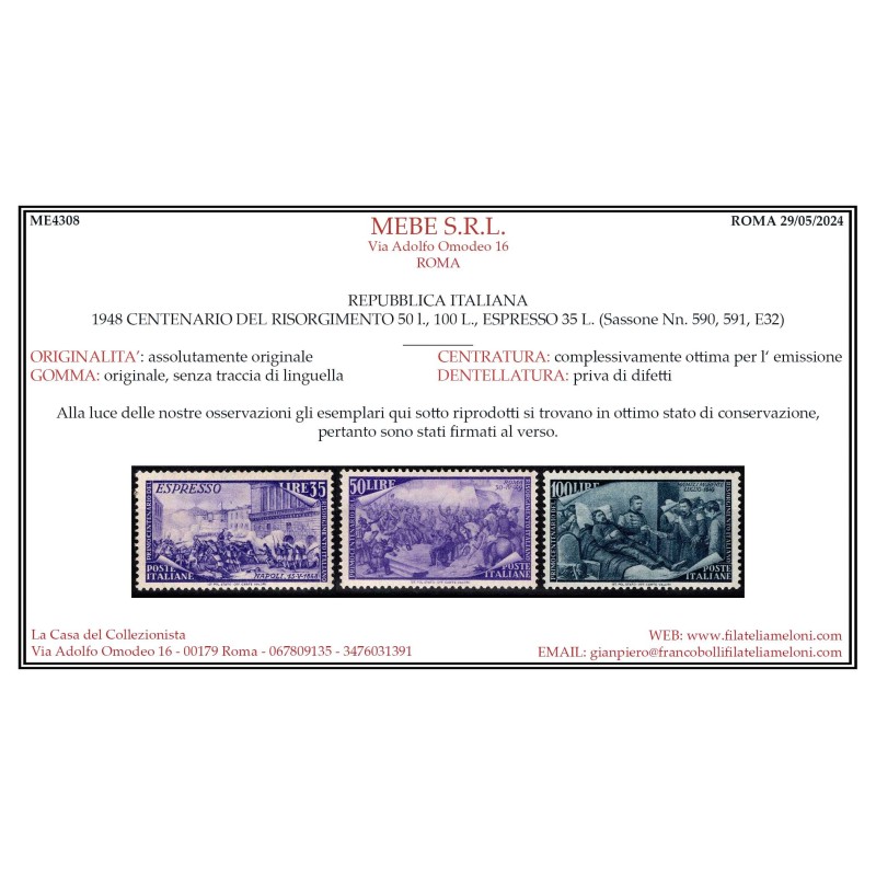 REPUBBLICA 1948 RISORGIMENTO 13 V. G.I MNH** CERT.  | Filatelia Meloni