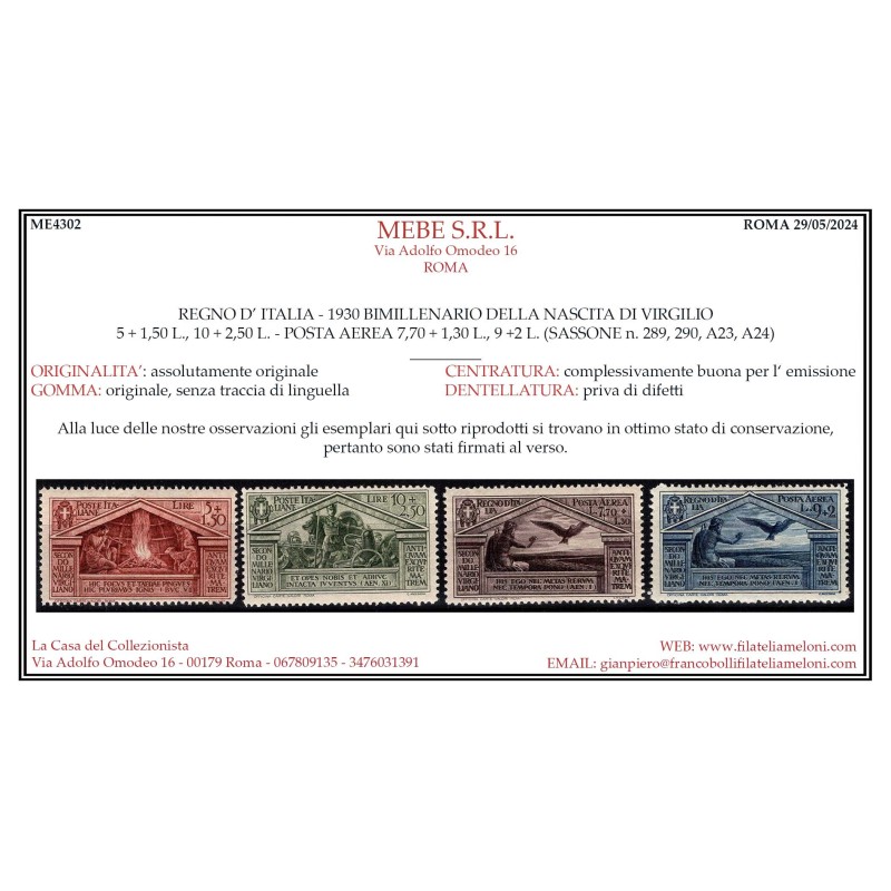 REGNO D'ITALIA 1930 BIMILLENARIO VIRGILIO 13 V. G.I MNH** CERT.  | ...